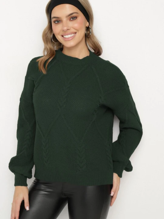 Zdjęcie produktu Ciemnozielony Sweter Ozdobiony Ściągaczami i Splotem Temirene Tricot Station