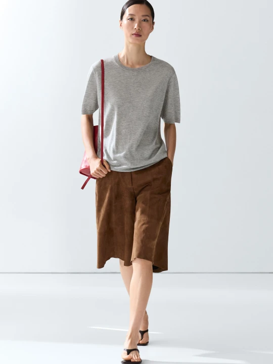 Zdjęcie produktu Cienki Dzianinowy Sweter Z Krótkim Rękawem - Szary Pop - - Massimo Dutti - Female