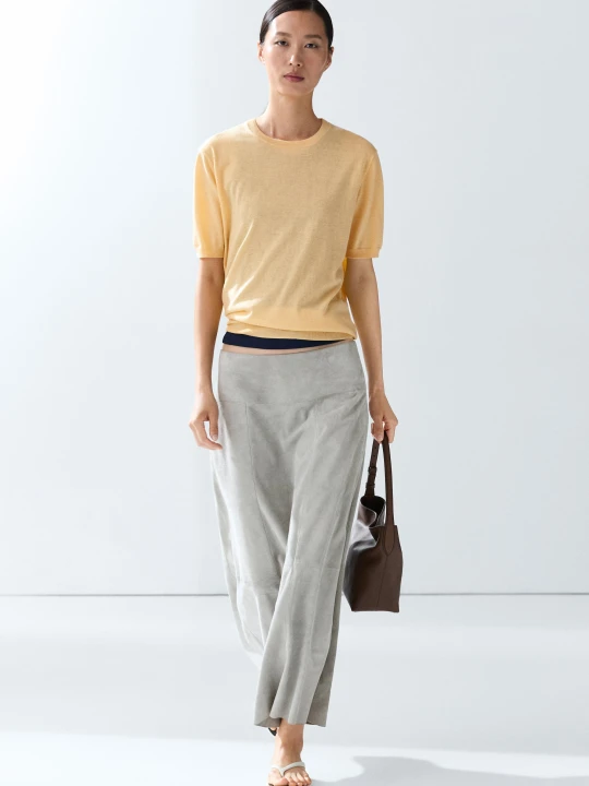 Zdjęcie produktu Cienki Dzianinowy Sweter Z Krótkim Rękawem - Żółty - Massimo Dutti - Female