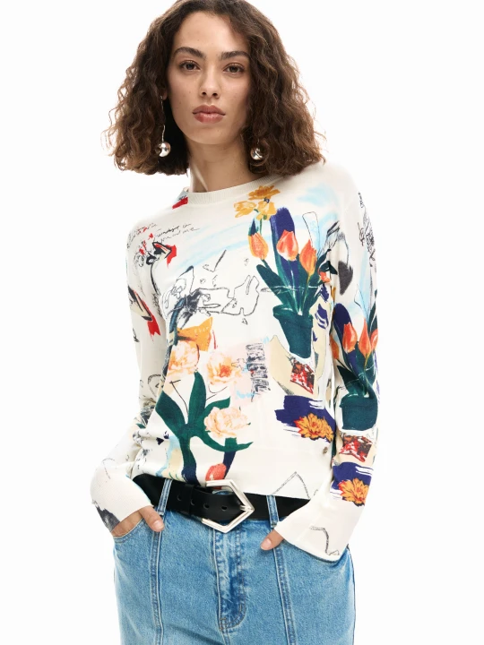 Zdjęcie produktu Cienki sweter w rośliny Desigual biały