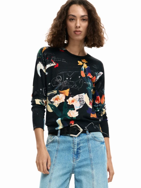 Zdjęcie produktu Cienki sweter w rośliny Desigual czarny