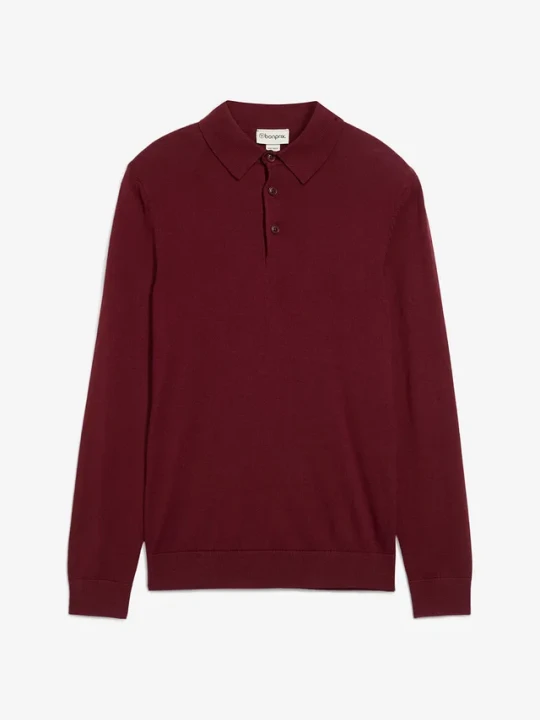 Zdjęcie produktu Cienki sweter z kołnierzykiem polo z domieszką wysokogatunkowej wełny merino, slim fit BonPrix czerwony