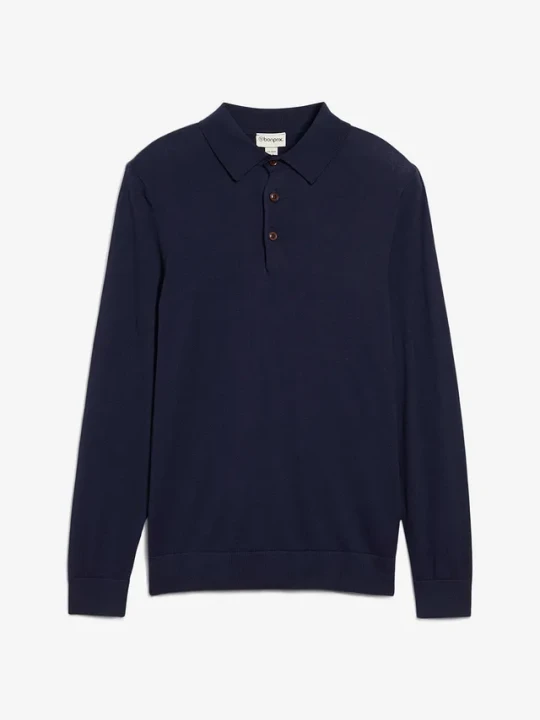 Zdjęcie produktu Cienki sweter z kołnierzykiem polo z domieszką wysokogatunkowej wełny merino, slim fit BonPrix niebieski