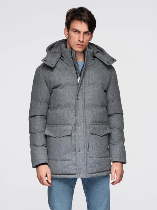 Zdjęcie produktu Ciepła długa kurtka męska typu parka z wełną – szary melanż V1 - Rozmiar: XL Ombre Clothing