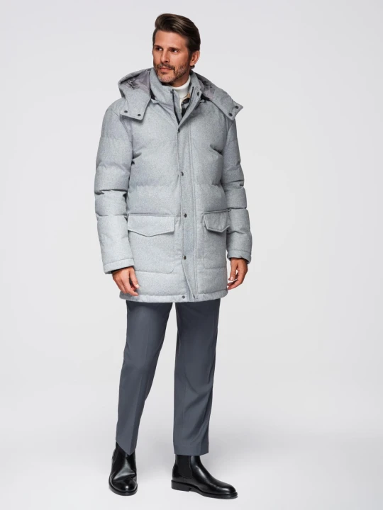 Zdjęcie produktu Ciepła długa męska kurtka typu parka z wełną – jasnoszary melanż V3 - Rozmiar: M Ombre Clothing