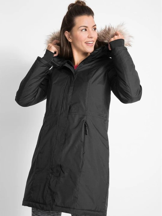 Zdjęcie produktu Ciepły, hydrofobowy płaszcz funkcjonalny outdoorowy ze sztucznym futerkiem BonPrix czarny