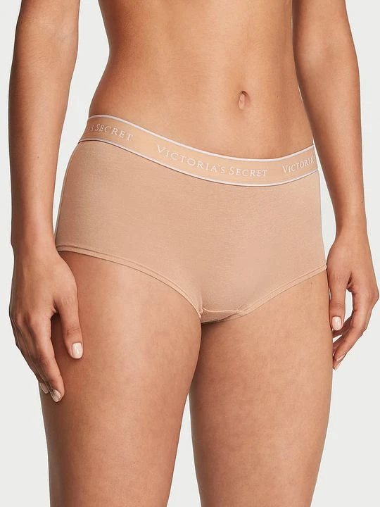 Zdjęcie produktu Cotton Majtki szorty bawełniane z logo w talii Boyshort Victoria's Secret Beżowy