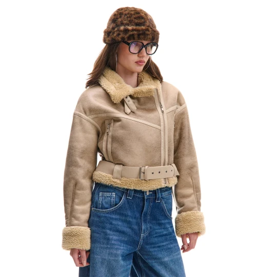 Zdjęcie produktu Cropp - Beżowa kurtka ramoneska z imitacji skóry - beżowy