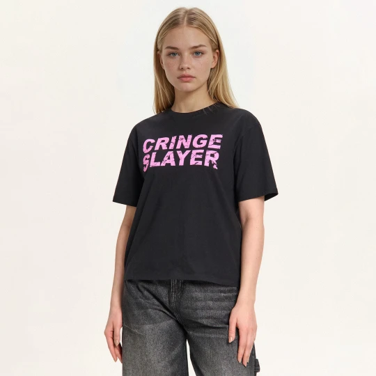 Zdjęcie produktu Cropp - Czarny T-shirt ze spranym nadrukiem - czarny