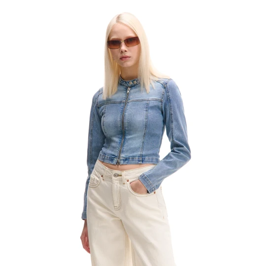 Zdjęcie produktu Cropp - Jeansowa kurtka ze stójką na zatrzaski - niebieski