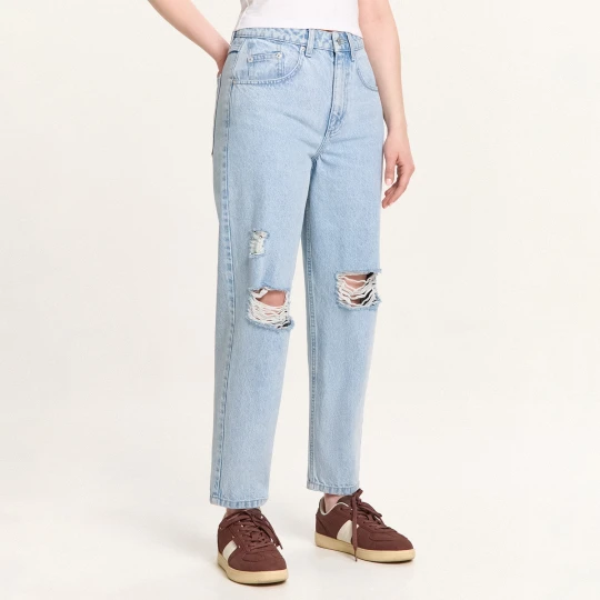 Zdjęcie produktu Cropp - Jeansy barrel z postrzępionymi nogawkami - niebieski