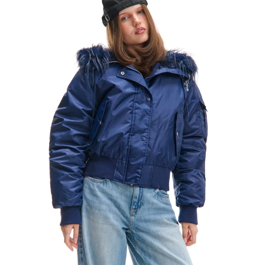 Zdjęcie produktu Cropp - Kurtka bomber z futrem przy kapturze - granatowy