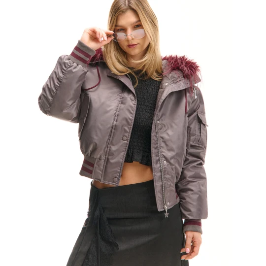 Zdjęcie produktu Cropp - Kurtka bomber z futrem przy kapturze - szary