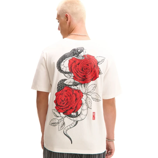 Zdjęcie produktu Cropp - T-shirt z motywem róży i węża - kremowy