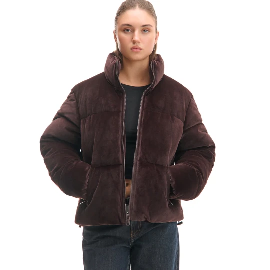 Zdjęcie produktu Cropp - Welurowa kurtka puffer z wysokim kołnierzem - brązowy