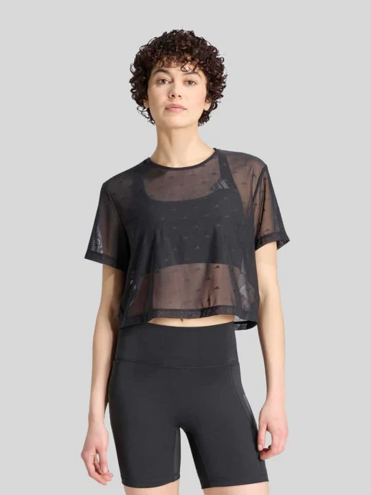 Zdjęcie produktu Cropped Fit sport t-shirt z siateczki z haftami z logo Adidas Czarny