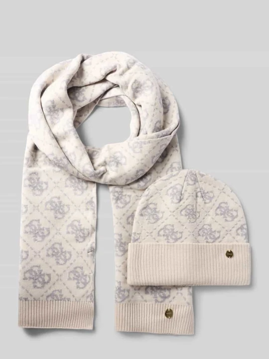 Zdjęcie produktu Czapka beanie i szal w zestawie z dodatkiem wiskozy Guess Złamany biały