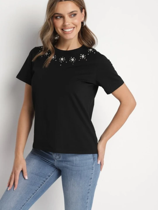 Zdjęcie produktu Czarna Bawełniana Bluzka T-shirt Ozdobiona Cyrkoniami Marivista Defox