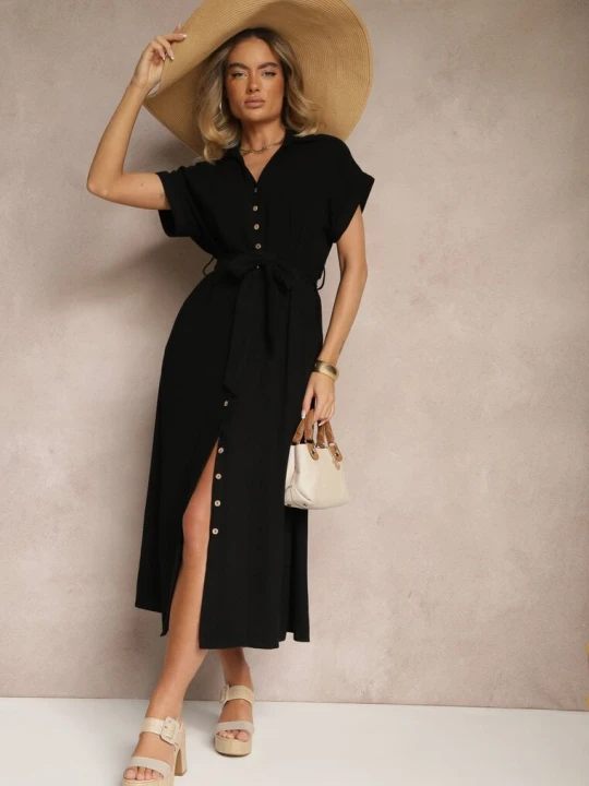 Zdjęcie produktu Czarna Bawełniana Sukienka Koszulowa z Wiązanym Paskiem i Krótkim Rękawem Elannoria M&d Fashion