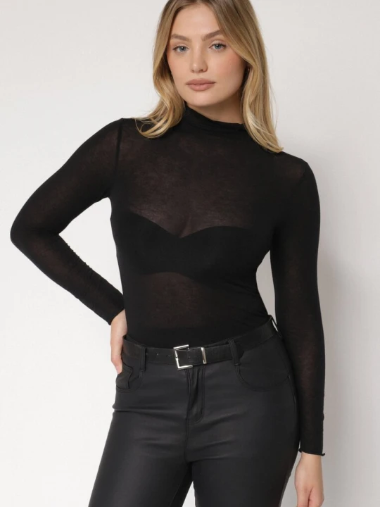 Zdjęcie produktu Czarna Bluzka z Golfem Typu Longsleeve z Wiskozy z Kaszmirem Fedine