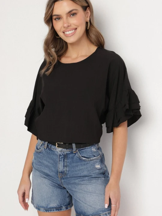 Zdjęcie produktu Czarna Bluzka z Wiskozą Typu Nietoperz z Falbankami Davienna New Collection