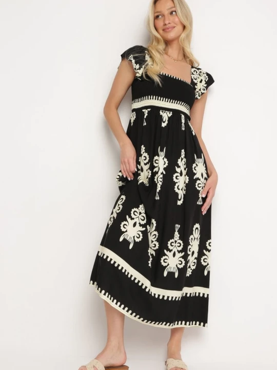 Zdjęcie produktu Czarna Boho Sukienka z Wiskozy na Szerokich Ramiączkach z Gumkami w Pasie i Falbanką Cleria Unigirl