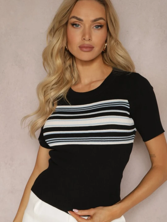 Zdjęcie produktu Czarna Casualowa Bluzka z Nadrukiem w Paski z Prążkowanego Materiału Dniasa Rosa