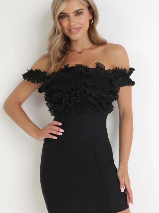 Zdjęcie produktu Czarna Dopasowana Sukienka Mini z Falbanką Udirda Lovery