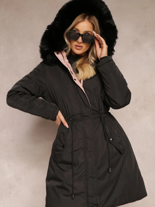 Zdjęcie produktu Czarna Dwustronna Kurtka ze Ściągaczem i Kapturem z Futerkiem Divya New Collection