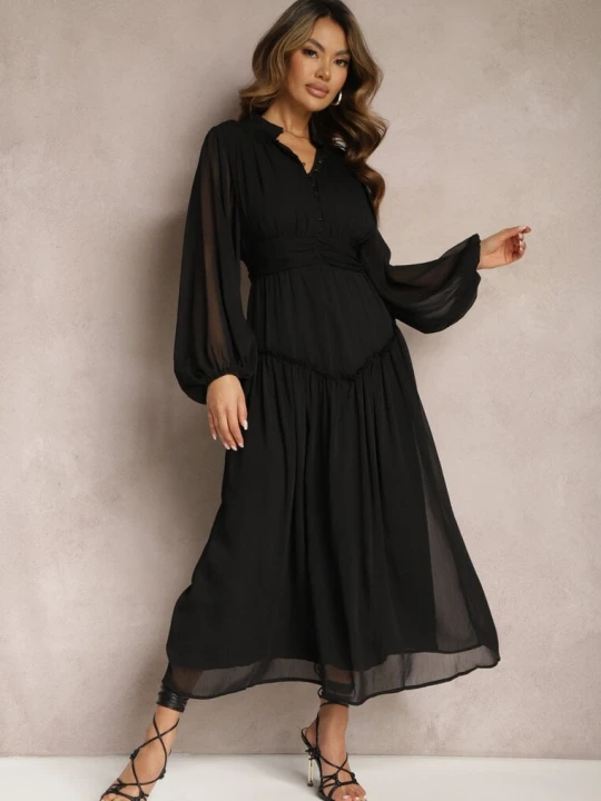 Zdjęcie produktu Czarna Elegancka Sukienka w Stylu Vintage z Powlekanymi Guzikami i Marszczeniami Lefandia Bisou's Project