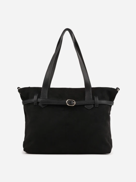 Zdjęcie produktu Czarna Elegancka Torebka Shopper Bag o Fakturze Zamszu z Paskiem z Klamerką Mudrey Caely