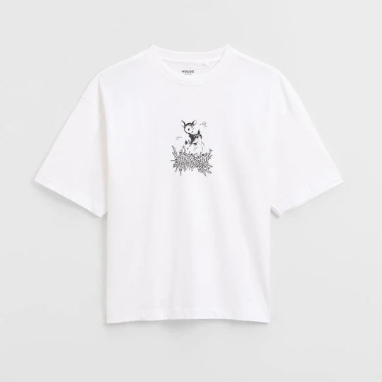 Zdjęcie produktu Czarna koszulka UNISEX z nadrukiem sarenki z podpisem w stylu graffiti House biały