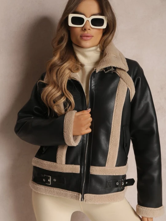 Zdjęcie produktu Czarna Kurtka Biker z Imitacji Skóry i Kożuszkiem Nilos Elsa.m By May