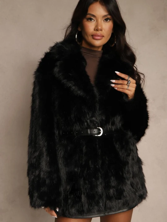 Zdjęcie produktu Czarna Kurtka Futerko w Eleganckim Stylu z Paskiem z Klamerką Govera J.style