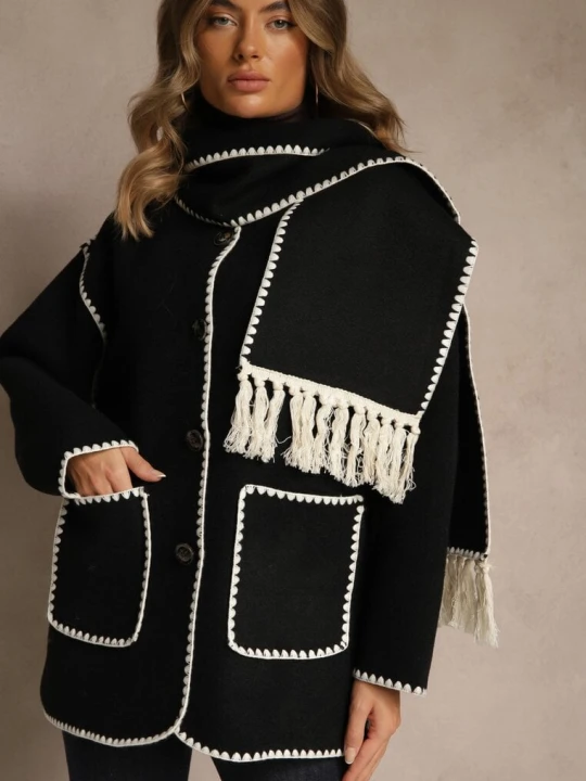 Zdjęcie produktu Czarna Kurtka Oversize z Szalikiem i Ozdobnymi Przeszyciami Claritila Yu & Me