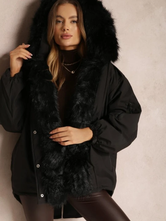 Zdjęcie produktu Czarna Kurtka Parka Oversize z Futerkiem Horelle Jus De Pom
