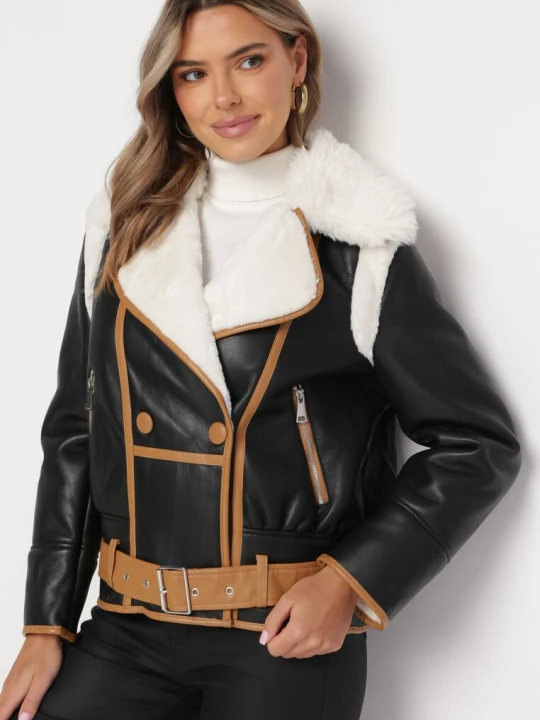 Zdjęcie produktu Czarna Kurtka Pilotka z Beżową Lamówką z Kołnierzem z Futerkiem i Paskiem Divona New Collection
