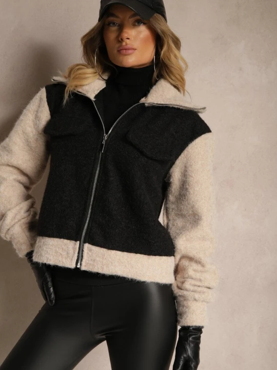 Zdjęcie produktu Czarna Przejściowa Kurtka Boucle z Wysokim Kołnierzem i Imitacją Kieszeni Lilarra New Collection