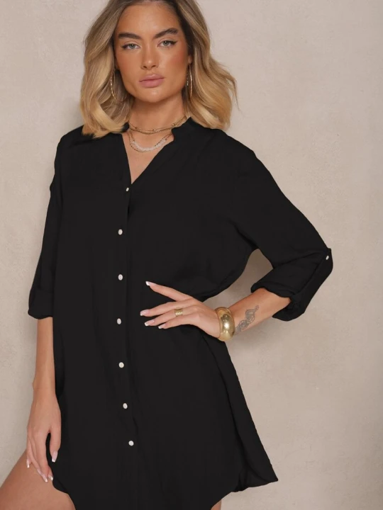 Zdjęcie produktu Czarna Pudełkowa Sukienka Bawełniana Oversize z Dekoltem w Serek Elavellis M&d Fashion
