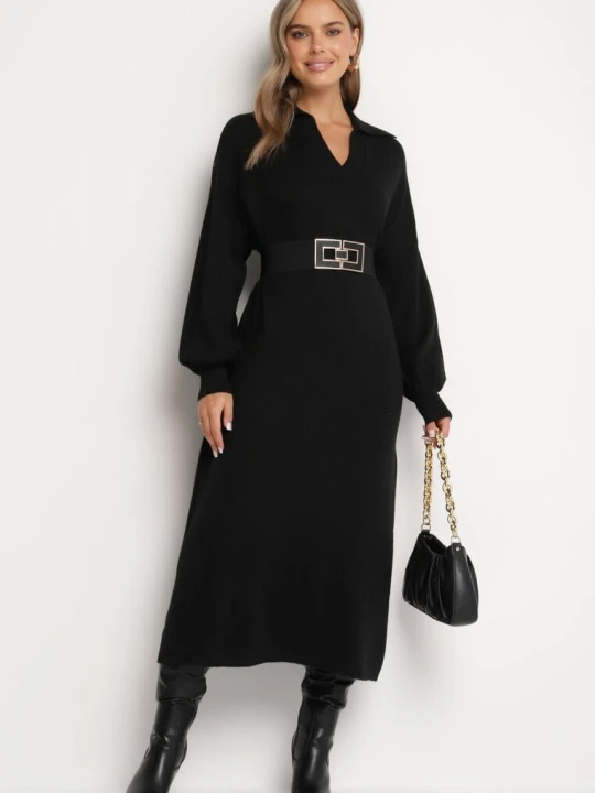 Zdjęcie produktu Czarna Pudełkowa Sukienka Sweterkowa z Wiskozą Szerokimi Rękawami i Kołnierzykiem Rinfera M&d Fashion