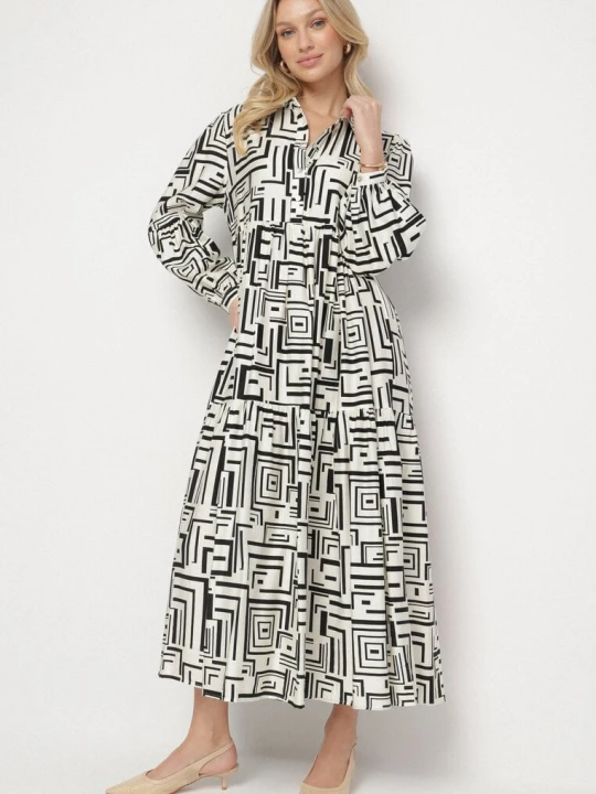 Zdjęcie produktu Czarna Rozkloszowana Sukienka Koszulowa z Wiskozą w Geometryczny Wzór Alineria Rosa