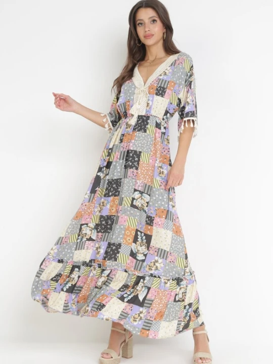 Zdjęcie produktu Szaro-Czarna Rozkloszowana Sukienka Maxi w Patchworkowy Wzór Daliah Rosa