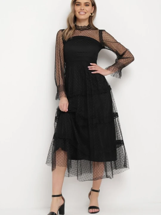 Zdjęcie produktu Czarna Rozkloszowana Sukienka Maxi z Koronką Jorissa Elsa.m By May