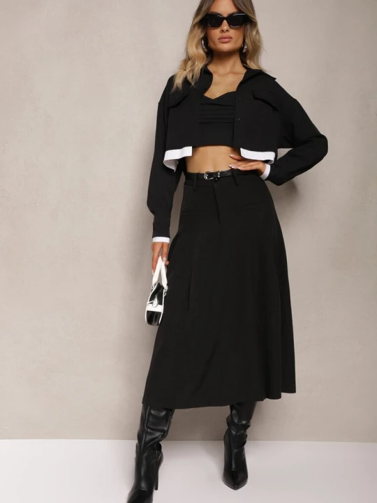 Zdjęcie produktu Czarna Spódnica o Rozkloszowanym Kroju High Waist z Paskiem i Imitacją Kieszeni Rivivia Elsa.m By May