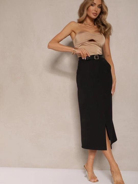 Zdjęcie produktu Czarna Spódnica Ołówkowa z Wiskozą High Waist z Rozcięciem Semivinia Lovery