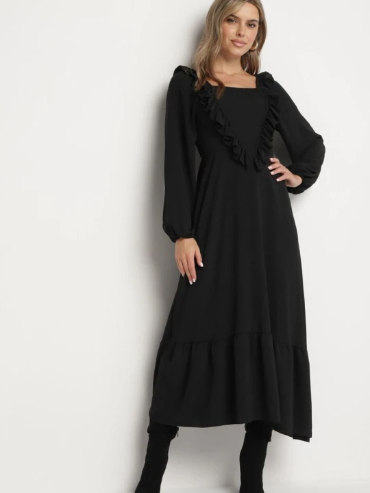 Zdjęcie produktu Czarna Sukienka Długa Rozkloszowana z Ozdobnymi Falbankami Ferellia Fashion Station