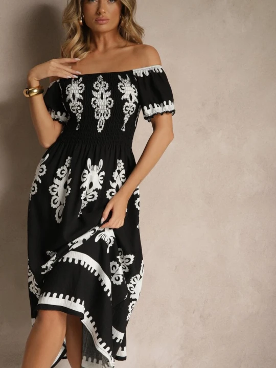 Zdjęcie produktu Czarna Sukienka Hiszpanka Ozdobiona Etnicznym Printem Aralette J&x