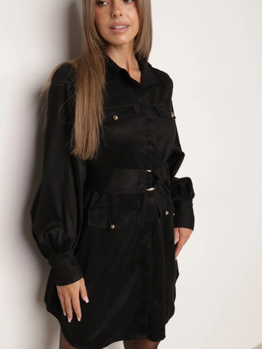 Zdjęcie produktu Czarna Sukienka Koszulowa w Stylu Utility o Fakturze Zamszu Nirette Unigirl