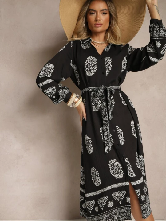 Zdjęcie produktu Czarna Sukienka Koszulowa Wiązana w Pasie w Stylu Boho Rorisha Unigirl