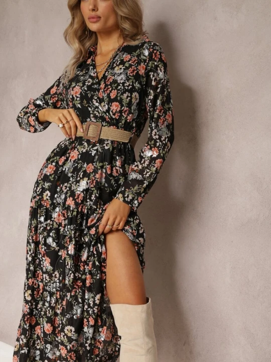 Zdjęcie produktu Czarna Sukienka Maxi z Plecionym Paskiem i Gumką w Talii w Kwiaty Elanisa Rosa